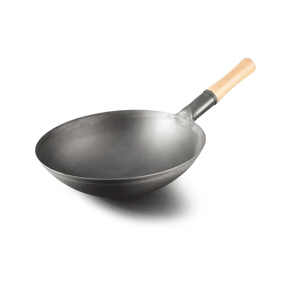 WOK serpenyő szénacélból, fa nyéllel, 38 cm