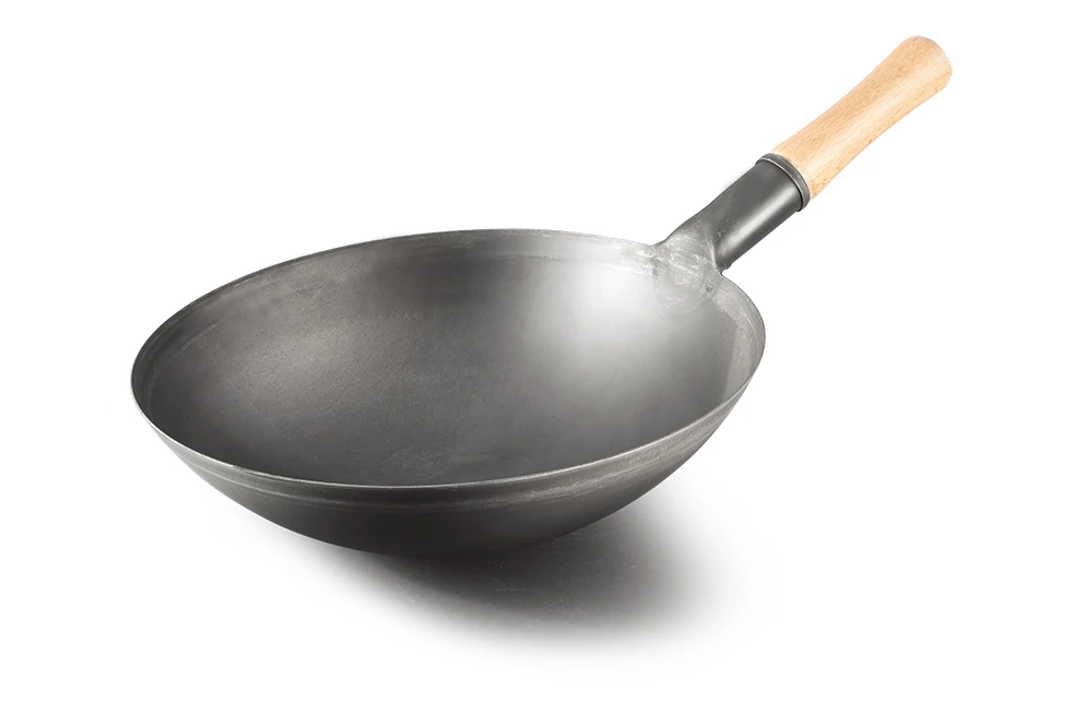 WOK serpenyő szénacélból, fa nyéllel, 38 cm
